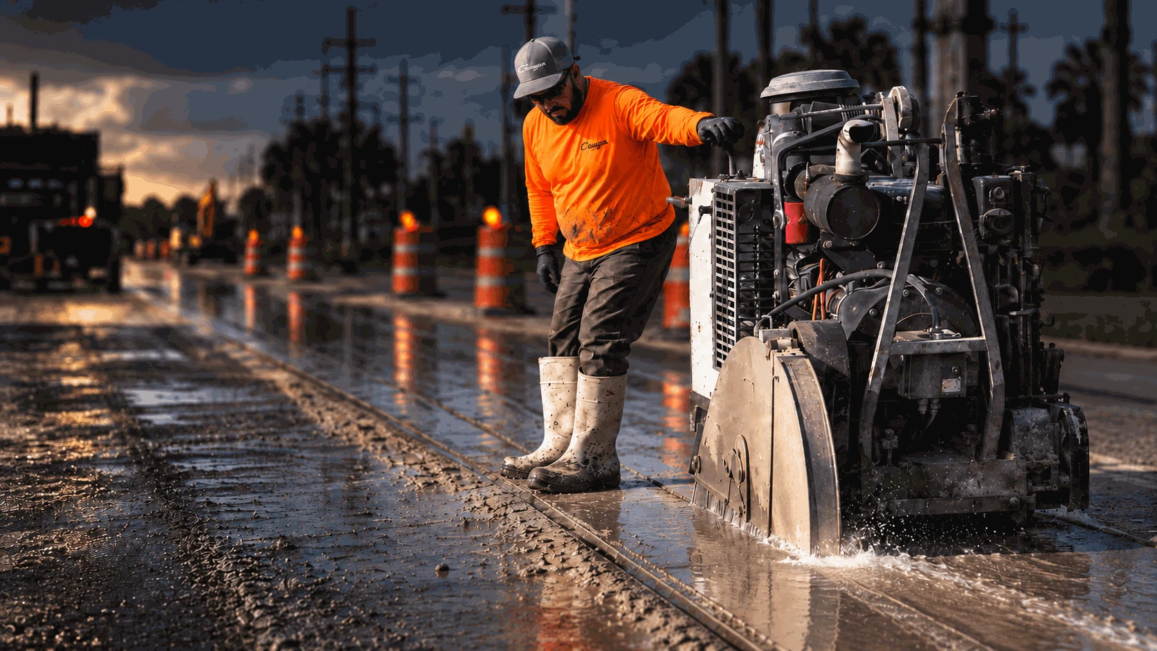 Cougar Companies operator running a walk-behind flat saw through a concrete road slab