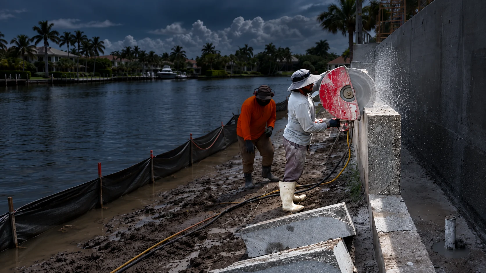 Cougar Companies crew cutting a concrete seawall with a hand-held saw on a Southwest Florida canal